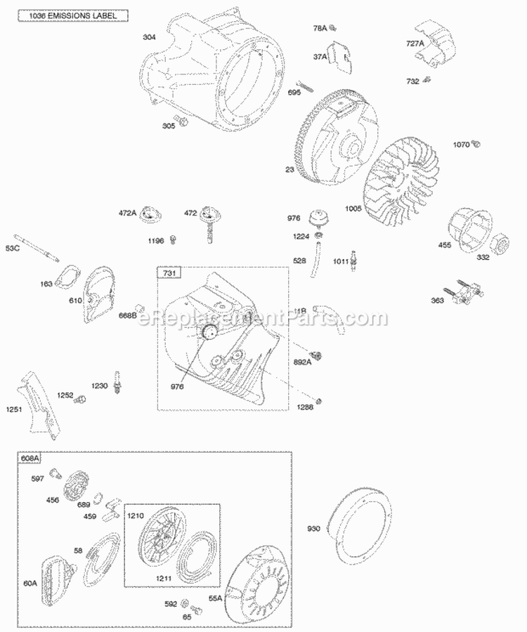 Blower HousingShrouds Flywheel Rewind Starter Diagram and Parts List for 20F437-0113-E1  Briggs and Stratton Engine